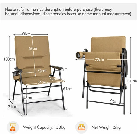 2PCS Padded Folding Chair Portable Camping Chair Outdoor Garden Dining Chair - Image 2
