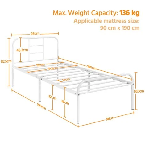 Yaheetech 3ft Single Metal Bed Frame Iron Bed Foundation,White - Image 5
