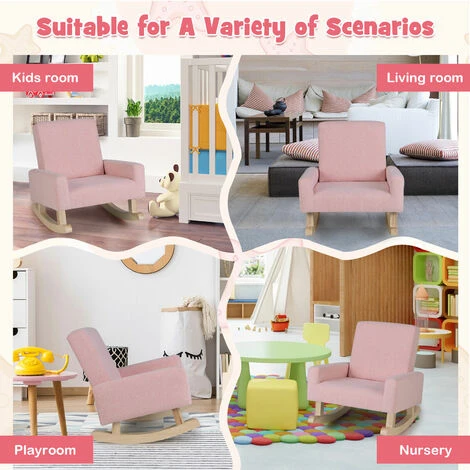 Kids Rocking Chair Children Armchair Linen Upholstered Sofa W/ Solid Wood Legs - Image 3