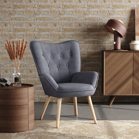 Livingandhome Grey Linen Buttoned Armchair With Wood Legs - Image 2
