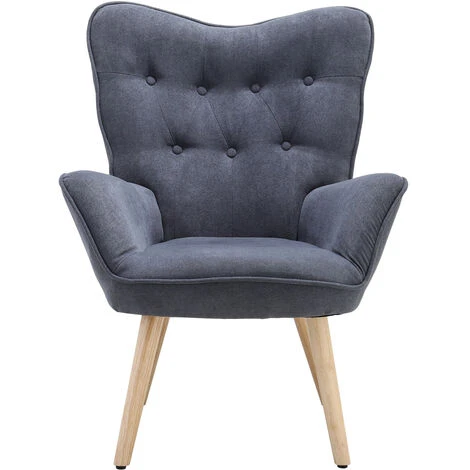 Livingandhome Grey Linen Buttoned Armchair With Wood Legs - Image 3