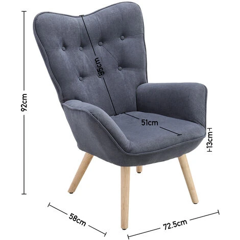 Livingandhome Grey Linen Buttoned Armchair With Wood Legs - Image 5