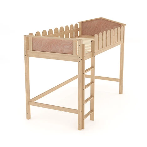 Livingandhome Pine Wood Loft Bed For Kids Room With Fence Rails - Image 4