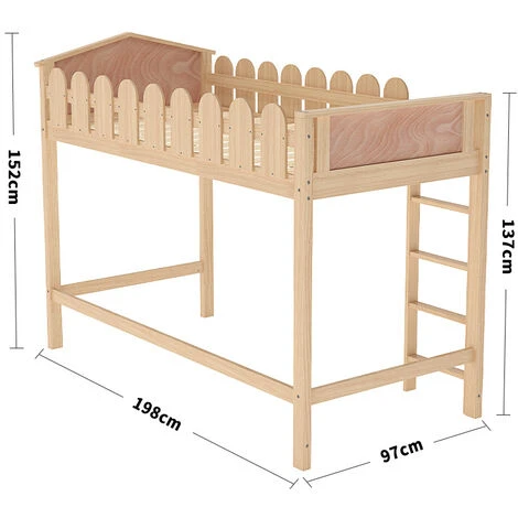 Livingandhome Pine Wood Loft Bed For Kids Room With Fence Rails - Image 5