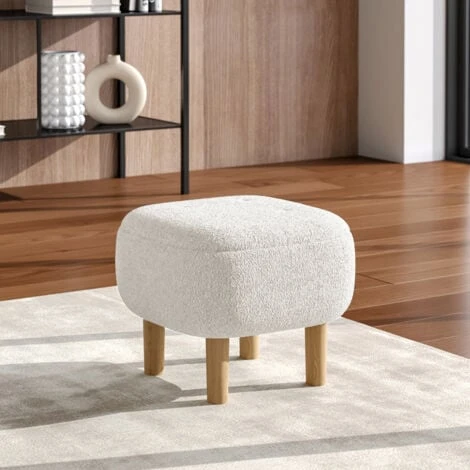Livingandhome Beige Footstool Pouffe Stool With Wooden Legs - Image 2