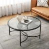 Livingandhome Black Modern Round Tempered Glass Coffee Table For Living Room