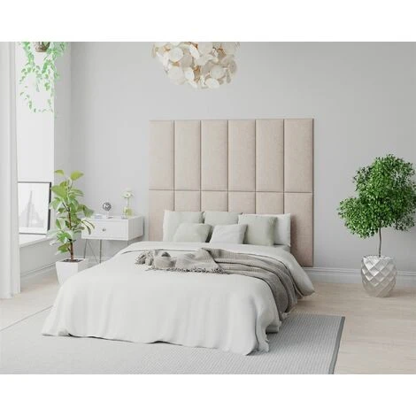 Aspire EasyMount Wall Mounted Upholstered Panels, Modular DIY Headboard In Saxon Twill Fabric, Natural (Pack Of 2)
