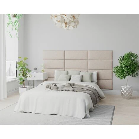 Aspire EasyMount Wall Mounted Upholstered Panels, Modular DIY Headboard In Saxon Twill Fabric, Natural (Pack Of 2) - Image 3