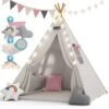 Spielwerk Children's Teepee Tent Fairy Lights Kid's 2.5cm Floor Play Mat 3 Pillows Cotton Carry Bag Tipi Playhouse Indoor 120x120x160cm Wigwam Rose