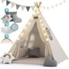 Spielwerk Children's Teepee Tent Fairy Lights Kid's 2.5cm Floor Play Mat 3 Pillows Cotton Carry Bag Tipi Playhouse Indoor 120x120x160cm Wigwam White