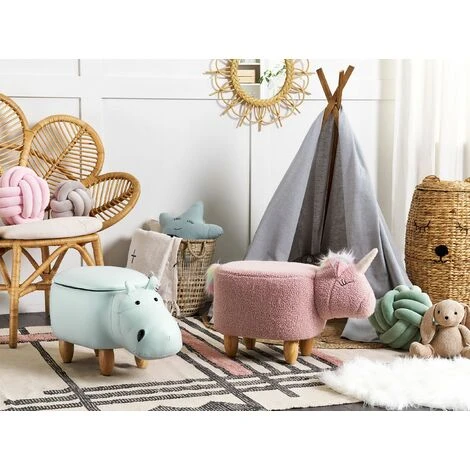 Modern Faux Leather Stool Light Blue Upholstery Storage Solid Wood Animal Hippo - Image 2