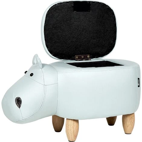 Modern Faux Leather Stool Light Blue Upholstery Storage Solid Wood Animal Hippo - Image 4