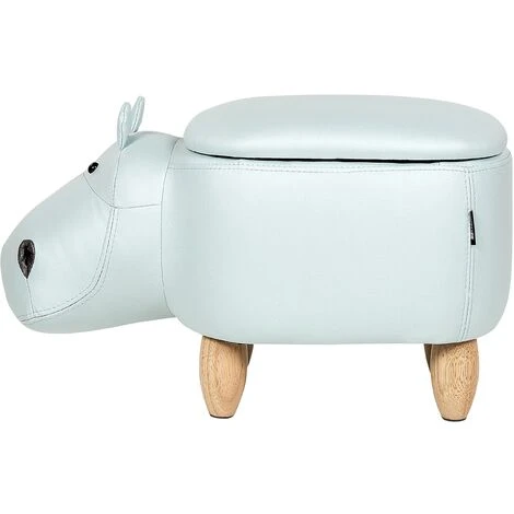 Modern Faux Leather Stool Light Blue Upholstery Storage Solid Wood Animal Hippo - Image 5