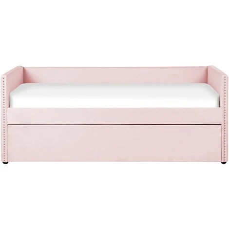 Trundle Bed Light Pink Glam Velvet Upholstery Slats EU Single Troyes - Image 4