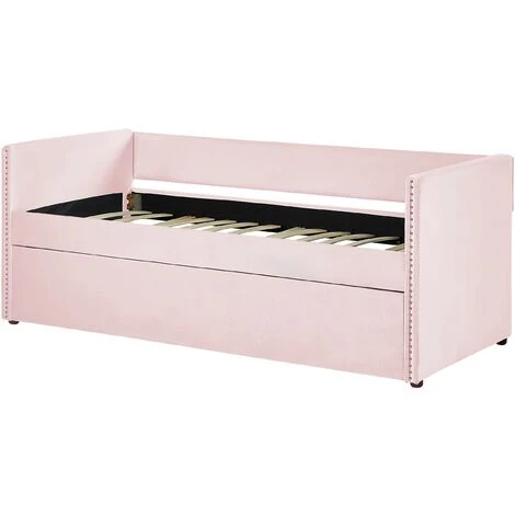 Trundle Bed Light Pink Glam Velvet Upholstery Slats EU Single Troyes - Image 5