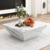 Modern Coffee Table For Living Room, Marbling Veneer, 2 Drawers, White 70x70x36cm