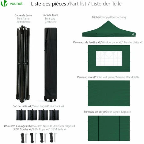 VOUNOT 3x3m Heavy Duty Gazebo With 4 Sides, Pop Up Gazebo Fully Waterproof Party Tent With Roller Bag And Leg Weights, Green - Image 2