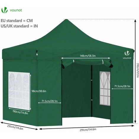 VOUNOT 3x3m Heavy Duty Gazebo With 4 Sides, Pop Up Gazebo Fully Waterproof Party Tent With Roller Bag And Leg Weights, Green - Image 3
