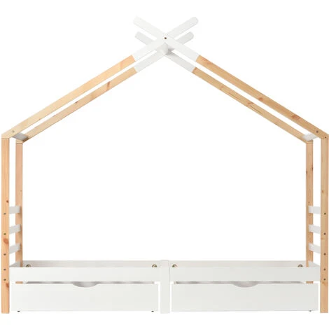 3 FT Single Bed Frame Kid House Bed With Storage Two Drawers Tree House Solid Pine Wood 90x190 Cm White And Natural - Image 4