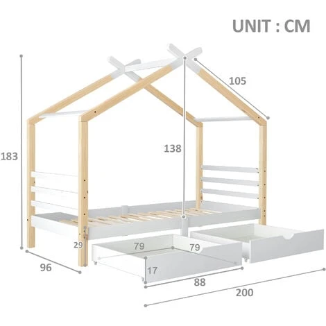 3 FT Single Bed Frame Kid House Bed With Storage Two Drawers Tree House Solid Pine Wood 90x190 Cm White And Natural - Image 5