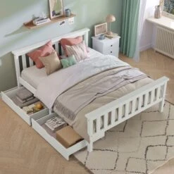 Devoko Double Bed With Storage Drawers, Wooden Frame 4ft6 Double Wooden Bed In White For Adults, Kids, Teenagers