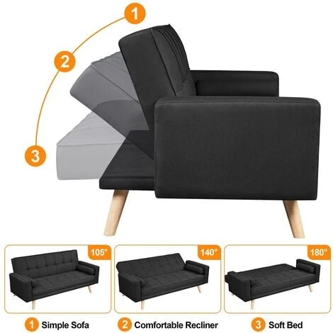 Yaheetech Fabric Upholstered Convertible Sofa Bed,3 Adjustable Back Angles, Black - Image 4