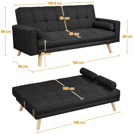 Yaheetech Fabric Upholstered Convertible Sofa Bed,3 Adjustable Back Angles, Black - Image 5