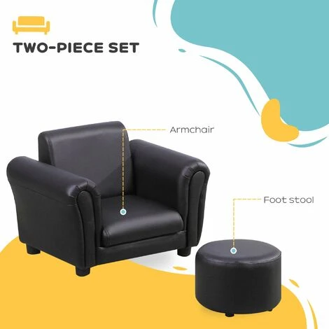 HOMCOM Toddler Chair Kids Sofa Set Children Couch Seating Armchair W/ Footstool Black - Image 4