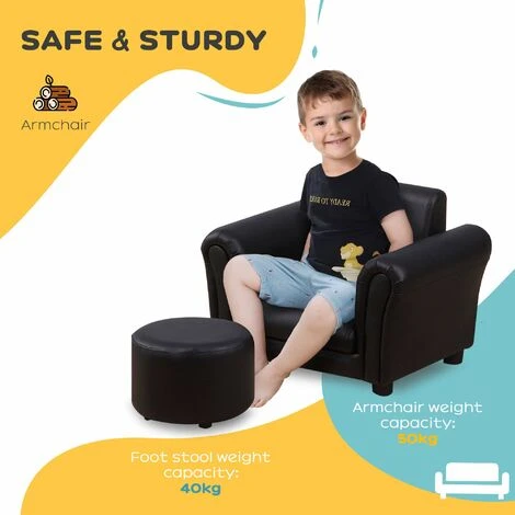 HOMCOM Toddler Chair Kids Sofa Set Children Couch Seating Armchair W/ Footstool Black - Image 5