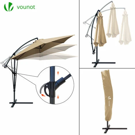 VOUNOT 3m Cantilever Garden Parasol, Banana Patio Umbrella With Crank Handle, Wind Protection Strap And Tilt, Khaki - Image 2