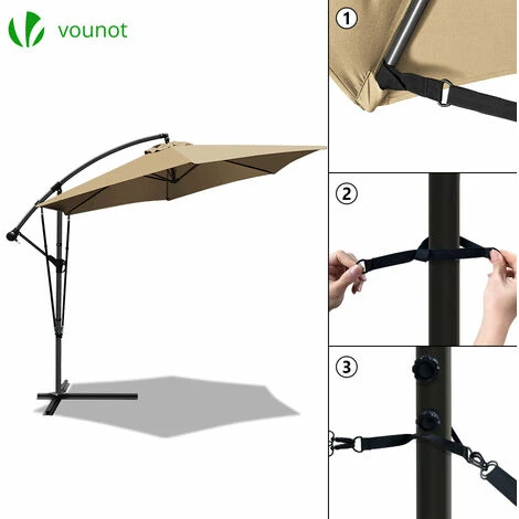 VOUNOT 3m Cantilever Garden Parasol, Banana Patio Umbrella With Crank Handle, Wind Protection Strap And Tilt, Khaki - Image 3