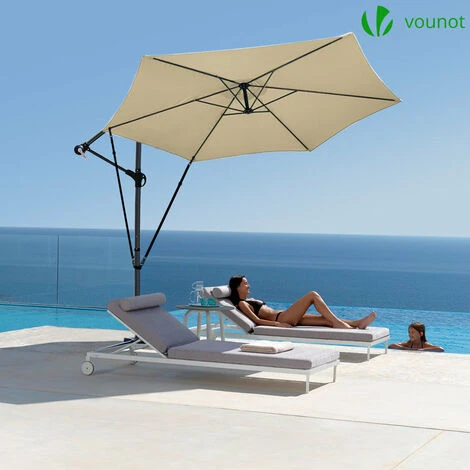VOUNOT 3m Cantilever Garden Parasol, Banana Patio Umbrella With Crank Handle, Wind Protection Strap And Tilt, Khaki - Image 5