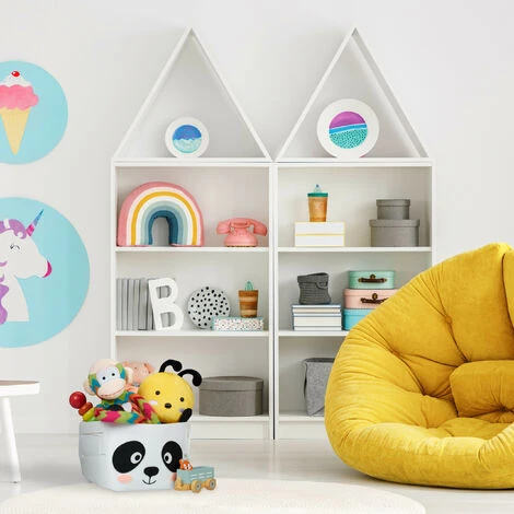 Relaxdays Felt Storage Basket, Animal Motif, Children, Foldable, HxWxD: 24 X 27 X 18 Cm, Toys, Panda Design, White/Black - Image 2