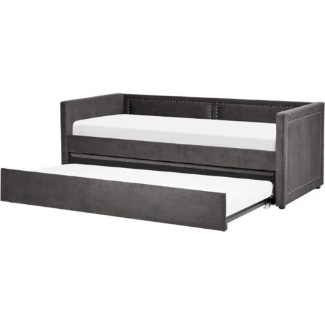 Modern Corduroy EU Single Trundle Bed Frame Nailhead Trim 3ft Dark Grey Mimizan - Image 4