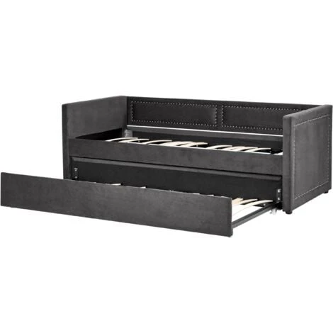 Modern Corduroy EU Single Trundle Bed Frame Nailhead Trim 3ft Dark Grey Mimizan - Image 5