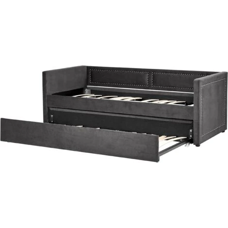 Modern Corduroy EU Single Trundle Bed Frame Nailhead Trim 3ft Dark Grey Mimizan - Image 5