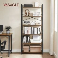 Songmics VASAGLE Bookshelf, 6-Tier Shelving Unit With Steel Frame, Tall Rustic Shelves For Living Room, Office, Study, Hallway, Industrial Style, 80 X 30 X 186 Cm, Rustic Brown And Black LLS082B01