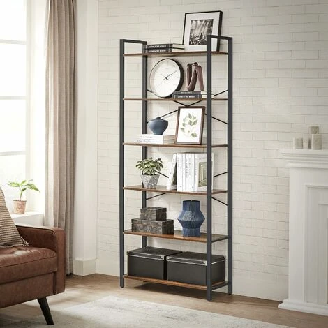 Songmics VASAGLE Bookshelf, 6-Tier Shelving Unit With Steel Frame, Tall Rustic Shelves For Living Room, Office, Study, Hallway, Industrial Style, 80 X 30 X 186 Cm, Rustic Brown And Black LLS082B01 - Image 2