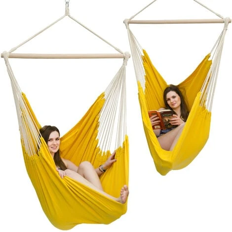 AMANKA Hammock Seat 2 People 150Kg XXL Swinging Cloth Chair 100% Cotton 185x130cm Hanging Fabric Swing Incl Swivel 360° Yellow - Image 3