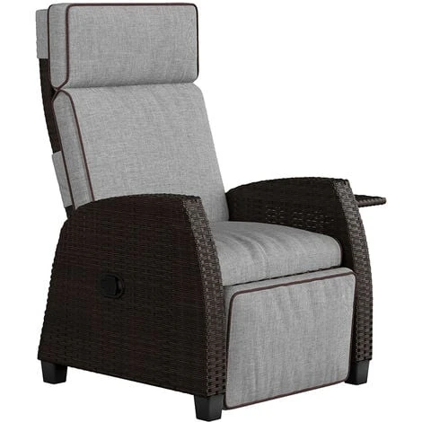 Grand Patio Recliner PE Wicker, Adjustable Position Height Armchair With Flip Table And Cushion, Aluminum Frame, Lounge Chair For Indoor, Outdoor(Brown Wicker, Grey Cushion)