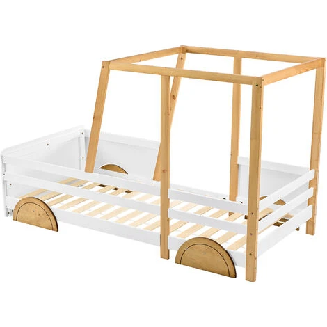 Children Car Bed Frame Children's Bed With Wheels Jeep Bed Pine Frame, White + Natural, 90x190cm - Image 3