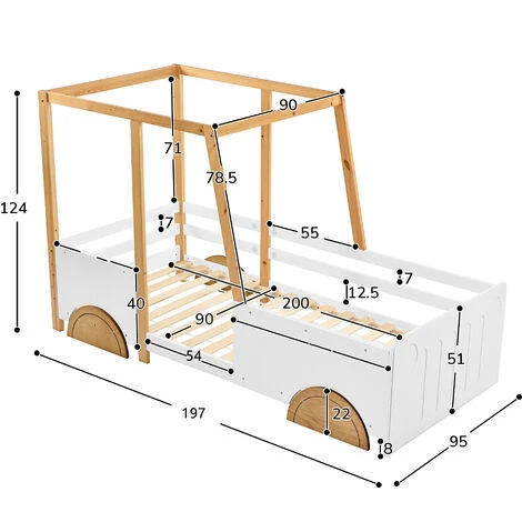 Children Car Bed Frame Children's Bed With Wheels Jeep Bed Pine Frame, White + Natural, 90x190cm - Image 5