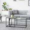 MEUBLE COSY Set Of 2 Rectangular Nesting Coffee Tables, Industrial Style, End Table, Side Tables, Black Metal Frame, Clear Tempered Glass, 90x45x45/50x50x50cm