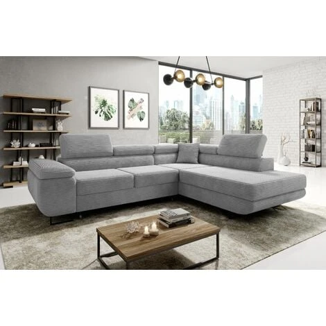 Aston Jumbo Cord Right Hand Facing Corner Sofa Bed With Storage And Lift Mechanism - Light Grey