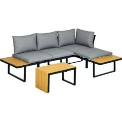 Outsunny 3PCs Patio Furniture Set W/ Cushions, Wood Grain Plastic Top Table