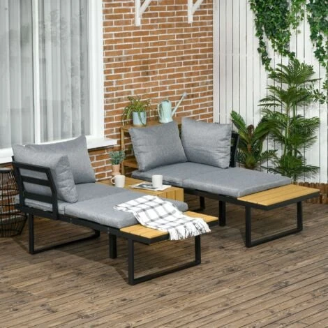 Outsunny 3PCs Patio Furniture Set W/ Cushions, Wood Grain Plastic Top Table - Image 3