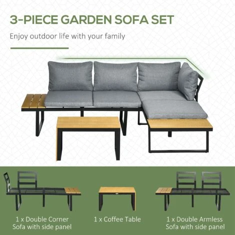 Outsunny 3PCs Patio Furniture Set W/ Cushions, Wood Grain Plastic Top Table - Image 4