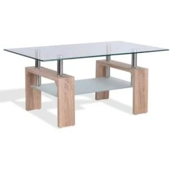 Coffee Table For Living Room, Rectangle Glass Coffee Table With Stainless Steel Tube Support & Wooden Legs, Modern Coffee Table With Storage Glass Shelf For Home Living Room Office Furniture