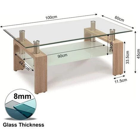 Coffee Table For Living Room, Rectangle Glass Coffee Table With Stainless Steel Tube Support & Wooden Legs, Modern Coffee Table With Storage Glass Shelf For Home Living Room Office Furniture - Image 3
