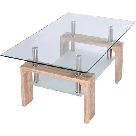 Coffee Table For Living Room, Rectangle Glass Coffee Table With Stainless Steel Tube Support & Wooden Legs, Modern Coffee Table With Storage Glass Shelf For Home Living Room Office Furniture - Image 4
